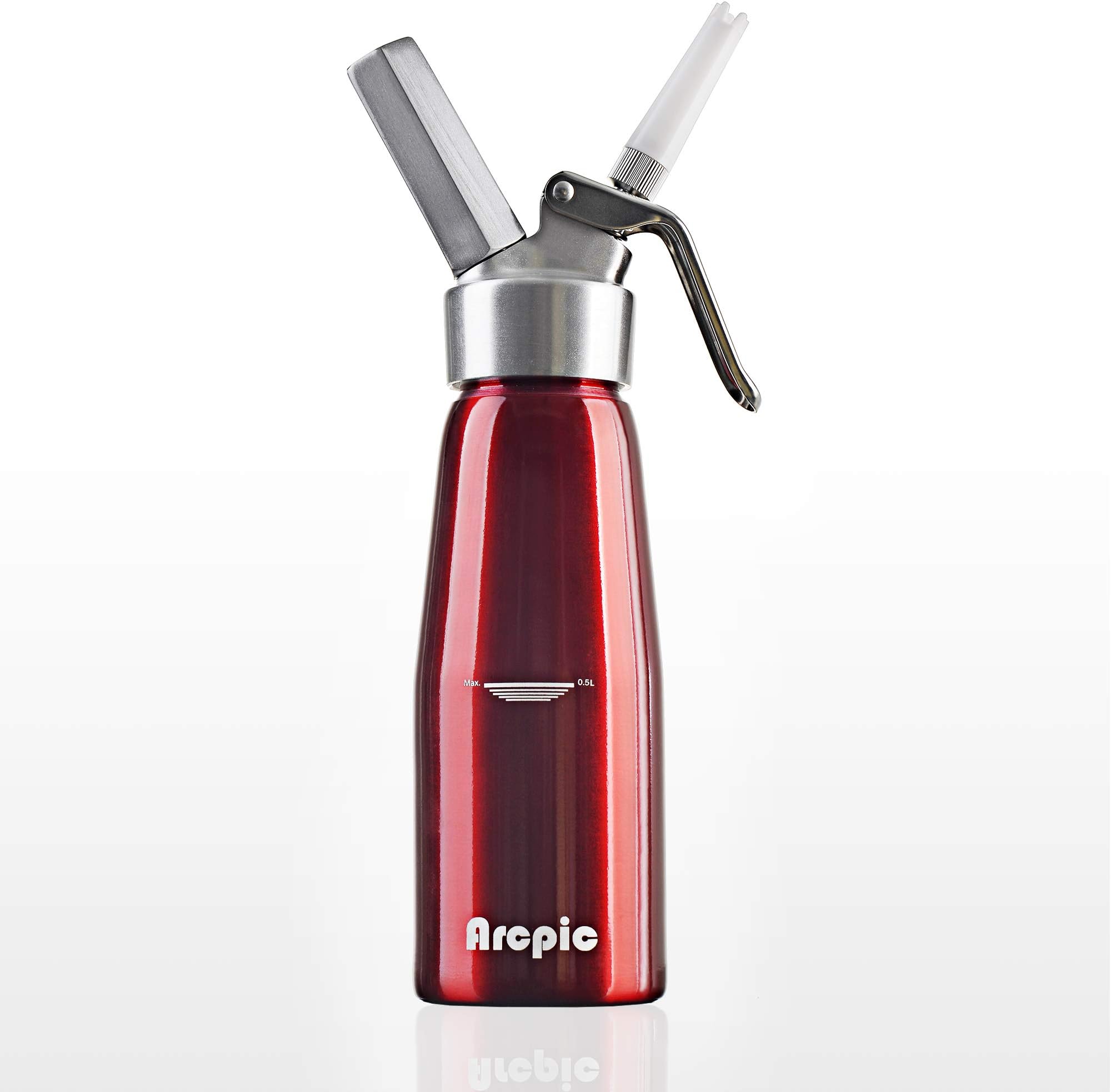 Arcpic Professional Cream Whipper, Aluminum Whipped Cream Dispenser & Chargers, Leak-proof - Fits 8G N2O cartridges (NOT Included), 1 Pint, 500ml, Red