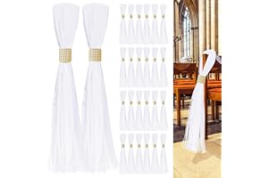 FEXICHUJI Large White Pew Bows Tulle Wedding Aisle Chair Decorations, Extended Church Pew Decor Aisle Flowers Runner for Weddings Ceremony Outside Decorations (26, Gold Wrap)
