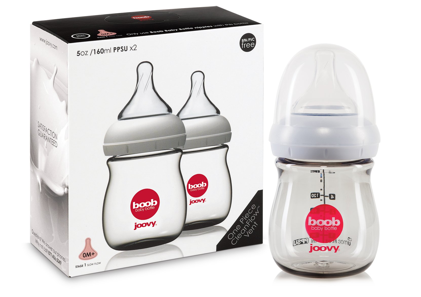 Joovy Boob Baby Bottles Made from Durable, Medical-Grade PPSU with CleanFlow Vent Technology to Prevent Nipple Collapse, Negative Pressure, and Colic Symptoms (5oz, 2pk)