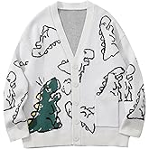 Arssm Mens Dinosaur Sweater Oversized Y2K Vintage Graphic Button Down Cardigan Casual Streetwear Knit Sweater Kawaii Clothes