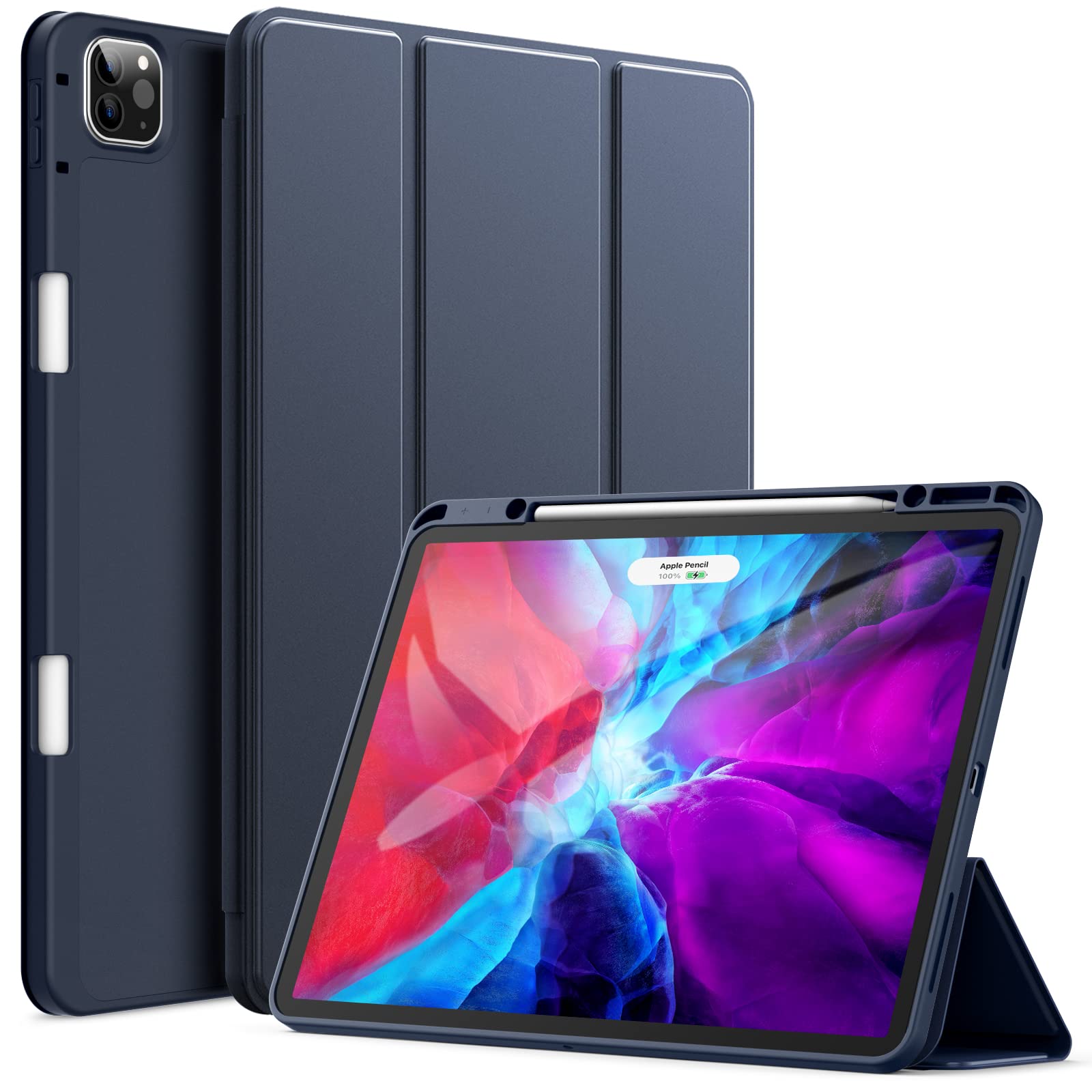 JETech Case for iPad Pro 12.9-Inch (2020/2018 Model, 4th/3rd Generation) with Pencil Holder, Support 2nd Pencil Charging, Slim Tablet Cover with Soft TPU Back, Auto Wake/Sleep (Navy)