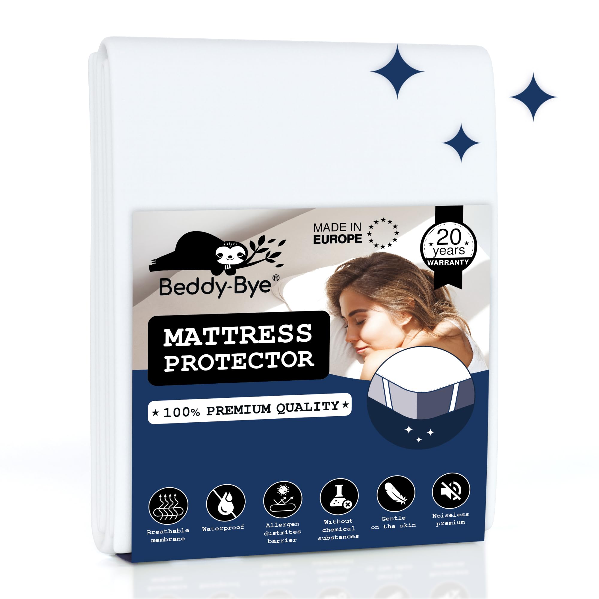 Mattress Protector 180x200 cm Double Bed Waterproof and Breathable Beddy-Bye® - King Size with 4 Elastic Corners - Eco-Responsible Made in EU and Oeko-Tex®