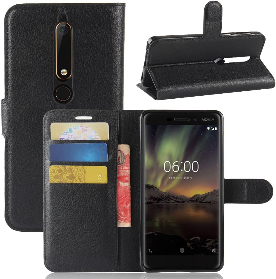 Nokia 6.1 (2018) Case, AVIDET PU Leather Wallet Flip Case Cover Pouch for Nokia 6.1 (Nokia 6 2018) (Black)