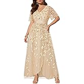 Pinup Fashion Plus Size Formal Dresses - Evening Gowns Sequin Embroidery V-Neck Prom Long Dress with Slit
