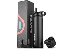 Water Bottle, BELANKO 24 Oz Insulated Stainless Steel Water Bottle with Straw and 3 Lids, Leak-Proof Double-Wall Vacuum for Cold Water Drinks, Sports, Travel, School, and Car - Jet Black