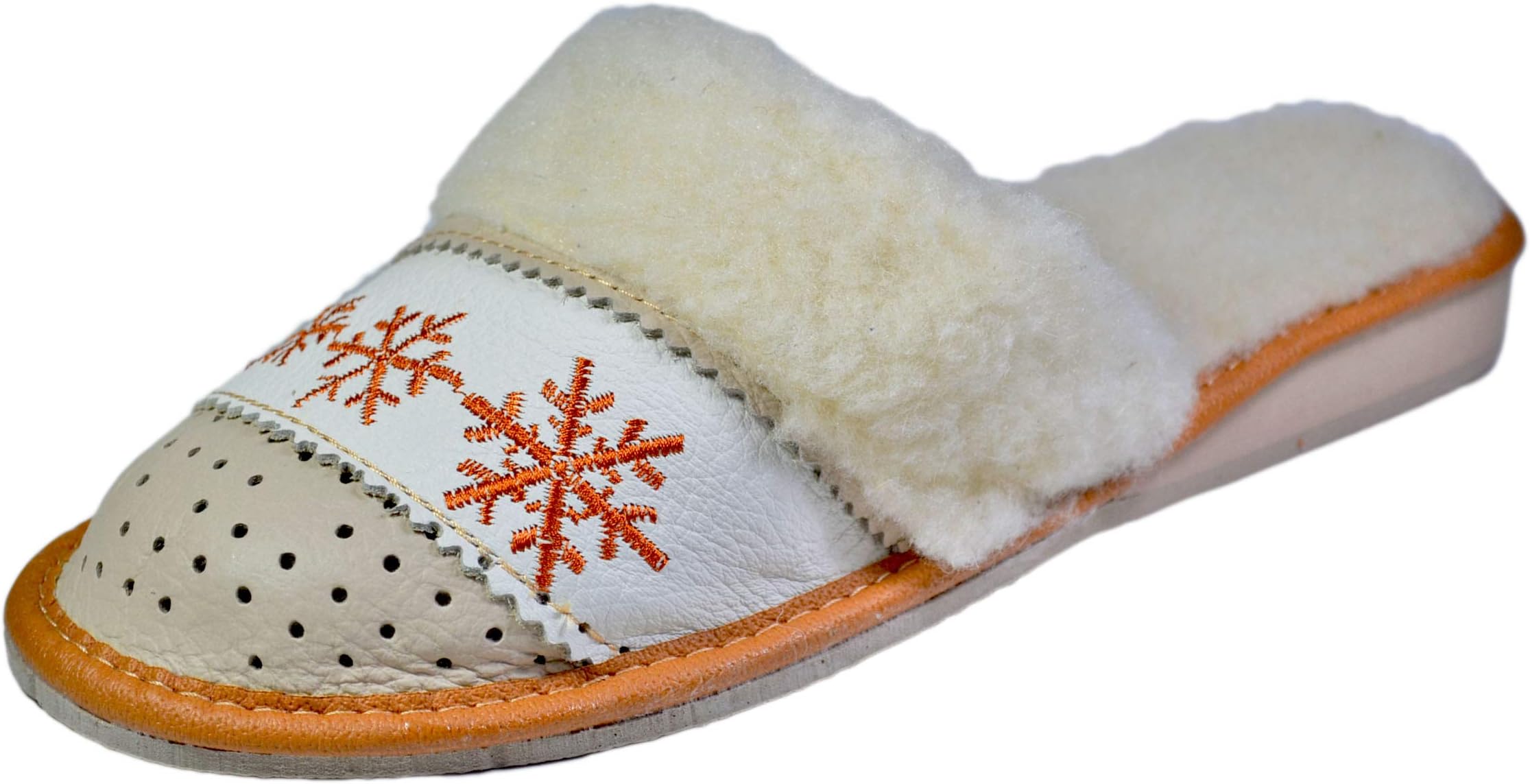 Reindeer Leather, Women's Genuine Soft Leather Warm Winter Bedroom Scuff, Ladies White Indoor House Plush Wool Slippers, Fancy Comfortable Slip-on (6)
