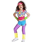 Toddler Girls 80s Work It Out Halloween Costume | Retro Baby Outfit with Leotard, Crop Top, Leggings, Shorts, & Accessories