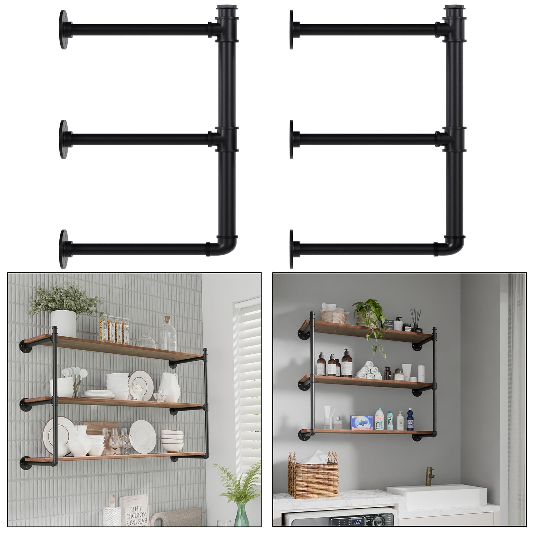 Photo 1 of YCCO Industrial Pipe Shelf Brackets Wall Mount, Open Black Pipe Shelving for Kitchen,Floating Shelf Brackets Mount,Open Bookshelf Brackets for Shelves,Wall Shelves 12 Inch Deep,(2PcsX3Tier,32" Tall)