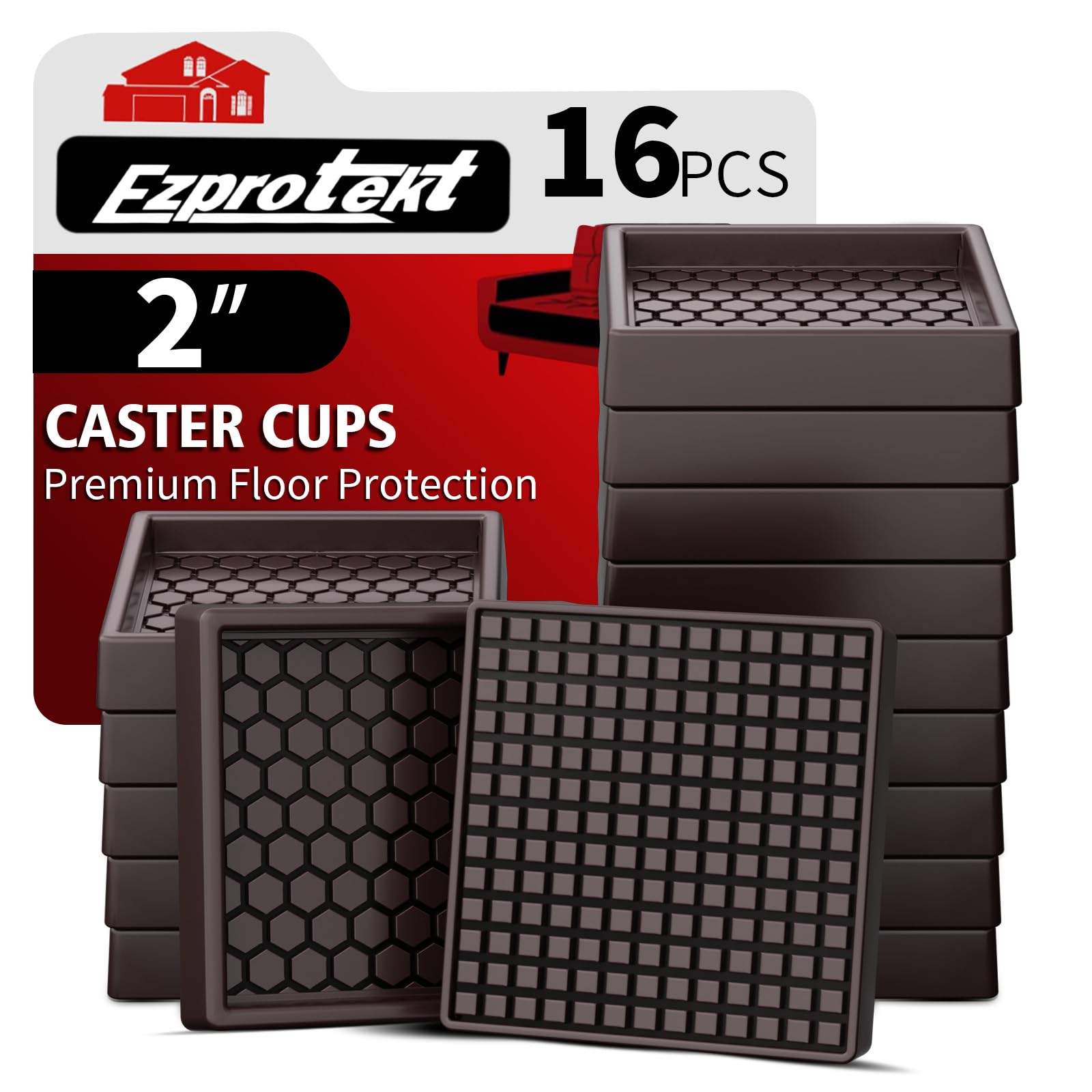 Furniture Coasters - 2"x2" Non Slip Pads for Hardwood Floors, 16 PCS Square Rubber Non Skid Furniture Caster Cups, Anti Slide Floor Protectors for Bed & Couch Stoppers (Brown)
