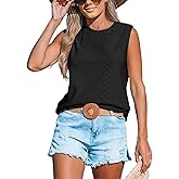 CUPSHE Women Tops Sleeveless Tank Cutout Blouse Crew Neck Shirt Lace Tee Summer Casual Dressy