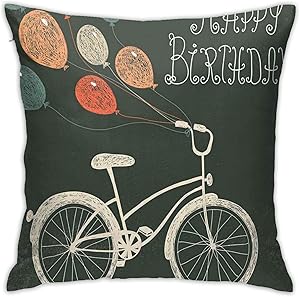 GULTMEE Modern Throw Pillow Covers,Retro Style Composition with Bike Ballons and Happy Birthday Quote Party Theme,Home Decor Pillow Covers 18×18 Inch