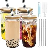 zunmial 4 Pack Smoothie Cup, Boba Cup, 24oz Mason Jar with Lid and Straw, Mason Jar Cups, Bubble Tea Cups, Mason Jar Drinking