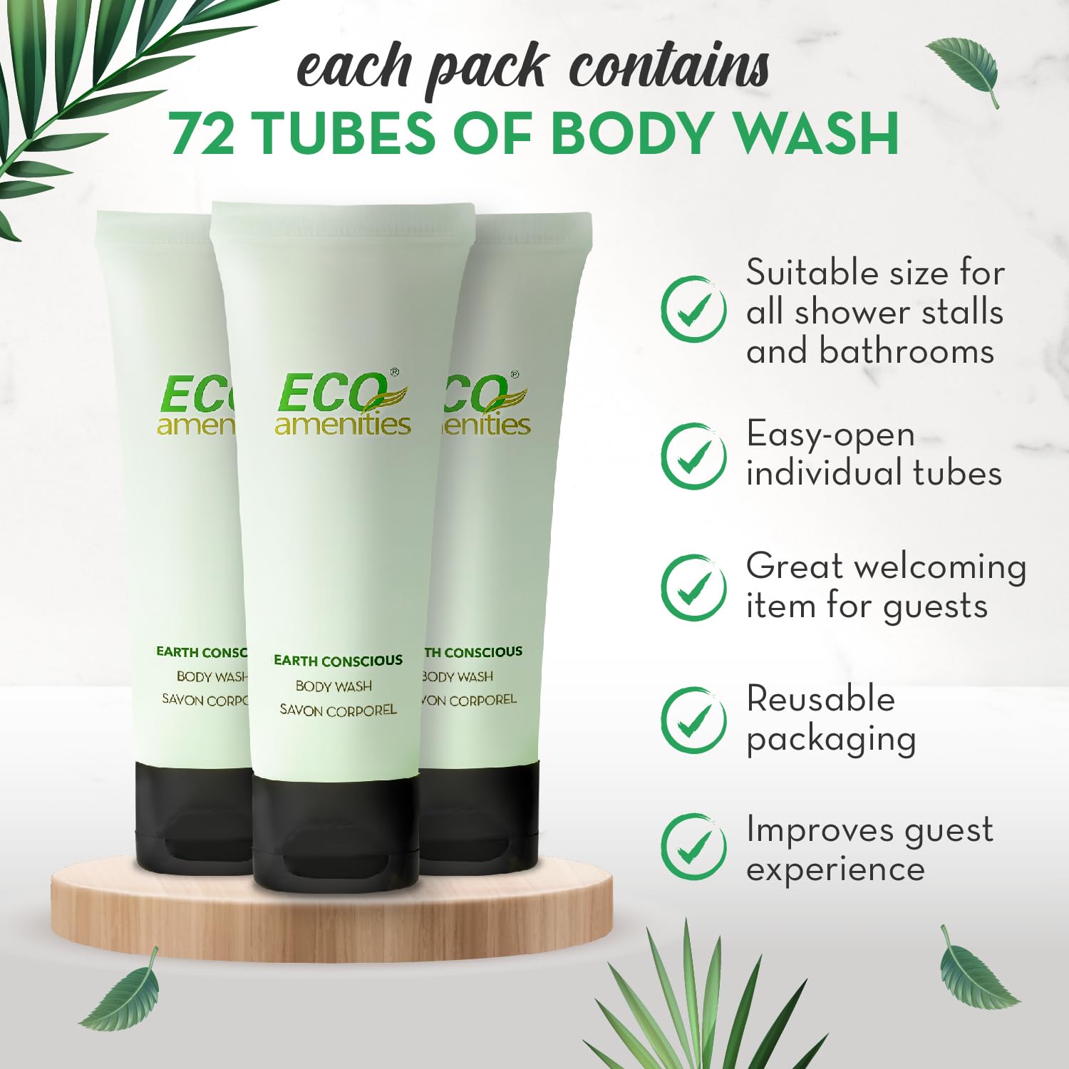 ECO amenities Travel Size Body Wash Bulk - Hotel Supplies for Guests - Great for Vacation Rental and Airbnb Toiletries - Body Wash for Men & Women - Green Tea Scent - 72 pack, 1.0 fl oz (30ml) tubes