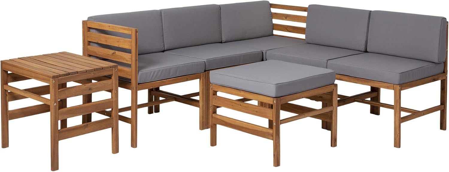 Walker Edison Raya Modern 7 Piece Modular Solid Acacia Wood Patio Set, Set of 7, Brown : Garden & Outdoor