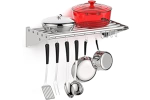 EcoExplorer Stainless Steel Shelf Wall Mounted, NSF Commercial Wall Shelf, Floating Shelving for Kitchen, Restaurant, Home, Hotel, 24 x 12 Inches Pipe Surface with 10 Hooks