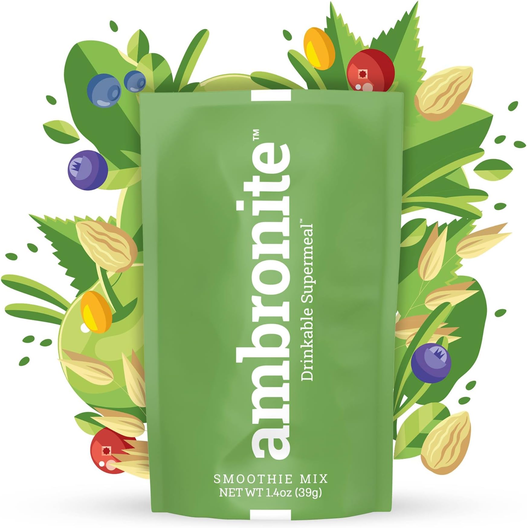 Meal Replacement Nutritional Shake by Ambronite - High Fiber Superfood & Protein Drink for Healthy Weight Loss - All Natural Smoothie Mix for Men and Women - Quench Hunger, 1.4 oz, 165 cal, Pack of 10