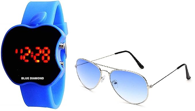 Boys and Girls Diamond Digital LED Apple Shape Watch with Aviator (Blue, Black Dial)