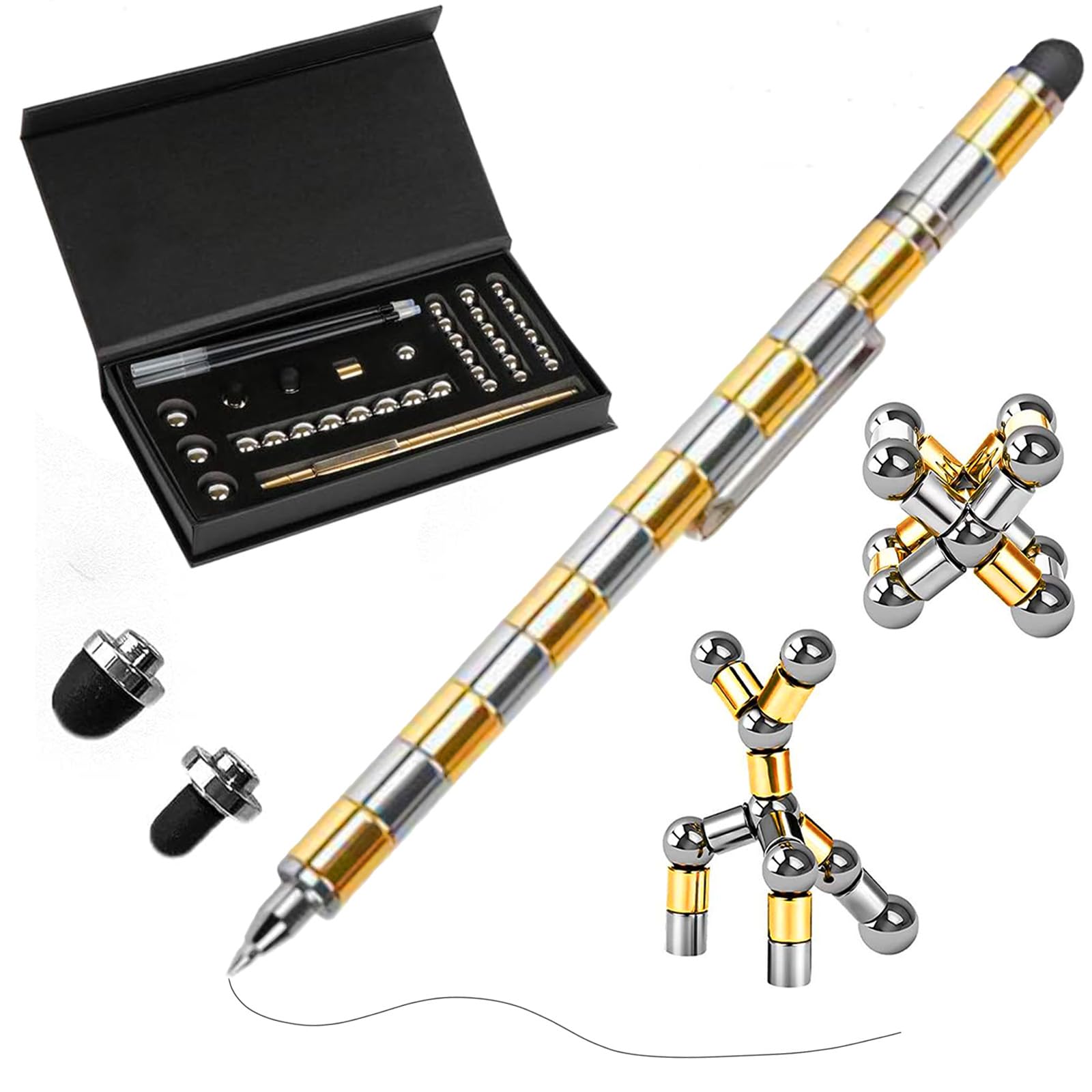 Magnetic Sculpture Fidget Pen,Gold Silver Magnet Metal Writing Pen Toy for Anxiety Relief,Magnet ToyPen,Fidget Magnets for Teen Age 8-16 Xmas Gifts,DIY Multifunctional Decompression Pen for Adults