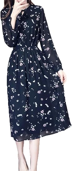 Amazon Shunyi レディース シフォン ワンピース 長袖 Aライン きれいめ シンプル 花柄 ドレス ゆったり 可愛い ワンピース チュニック 通販