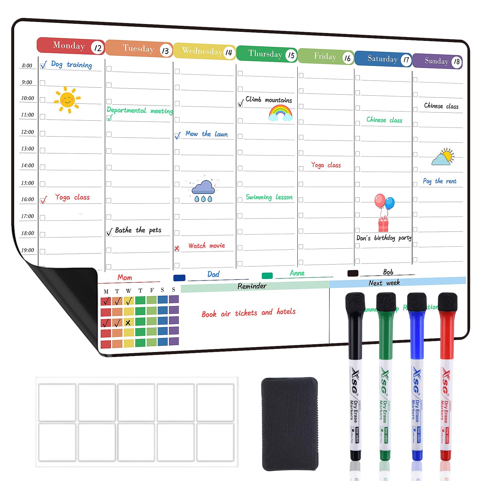 POPRUN Magnetic Calendar Weekly Planner Whiteboard for Fridge, A3 Family Schedule Planner with Time Slots, Reusable Dry Erase Board, Meal Planner Board Monday to Sunday, Chore Chart, Fridge Organisers