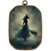 Yjeslw Vintage Halloween Witchy Octagon Wall Art Decor, Dark Spooky Moody Witch Framed Canvas Prints, Gothic Halloween Witchy Wall Hanging Decorations for Home Bedroom Living Room Decor, 10.2x7 Inches