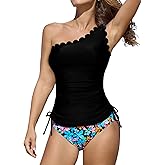 CUPSHE Women's Tankini Sets One Shoulder Scalloped Neck Two Piece Bathing Suit Side Tie Ruched Swimsuit