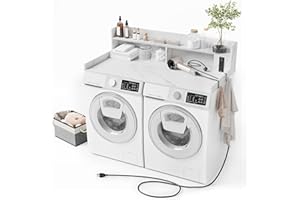 ZYKZYK Upgraded 2-Tier Washer and Dryer Countertop with Power Outlet,54" W x 27.6" D Large Laundry Countertop for Fold Clothes, Laundry Topper with Non-Slip Pads & Metal Hooks and Storage Basket