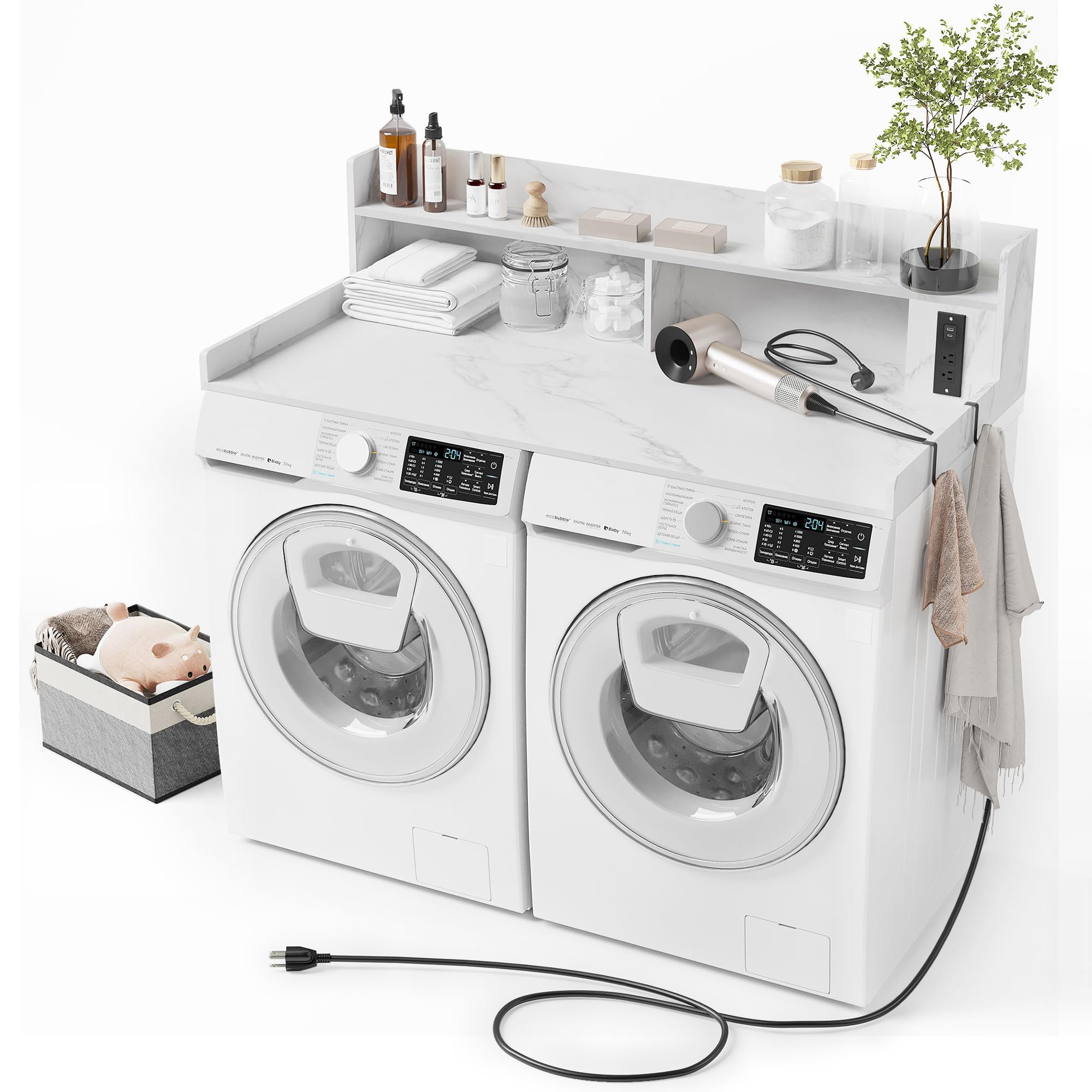 Photo 1 of ***FOR PARTS ONLY/ DAMAGED / MISSING PIECES*** ZYKZYK Upgraded 2-Tier Washer and Dryer Countertop with Power Outlet,54" W x 27.6" D Large Laundry Countertop for Fold Clothes, Laundry Topper with Non-Slip Pads & Metal Hooks and Storage Basket