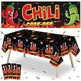 Oudain 4 Pcs Chili Cook Off Decorations Set 3 Pcs 51'' x 86" Tablecloth 71'' x 24" Banner Plastic Chili Party Table Cover for Mexican Fiesta Cooking Party Supplies (Energetic)