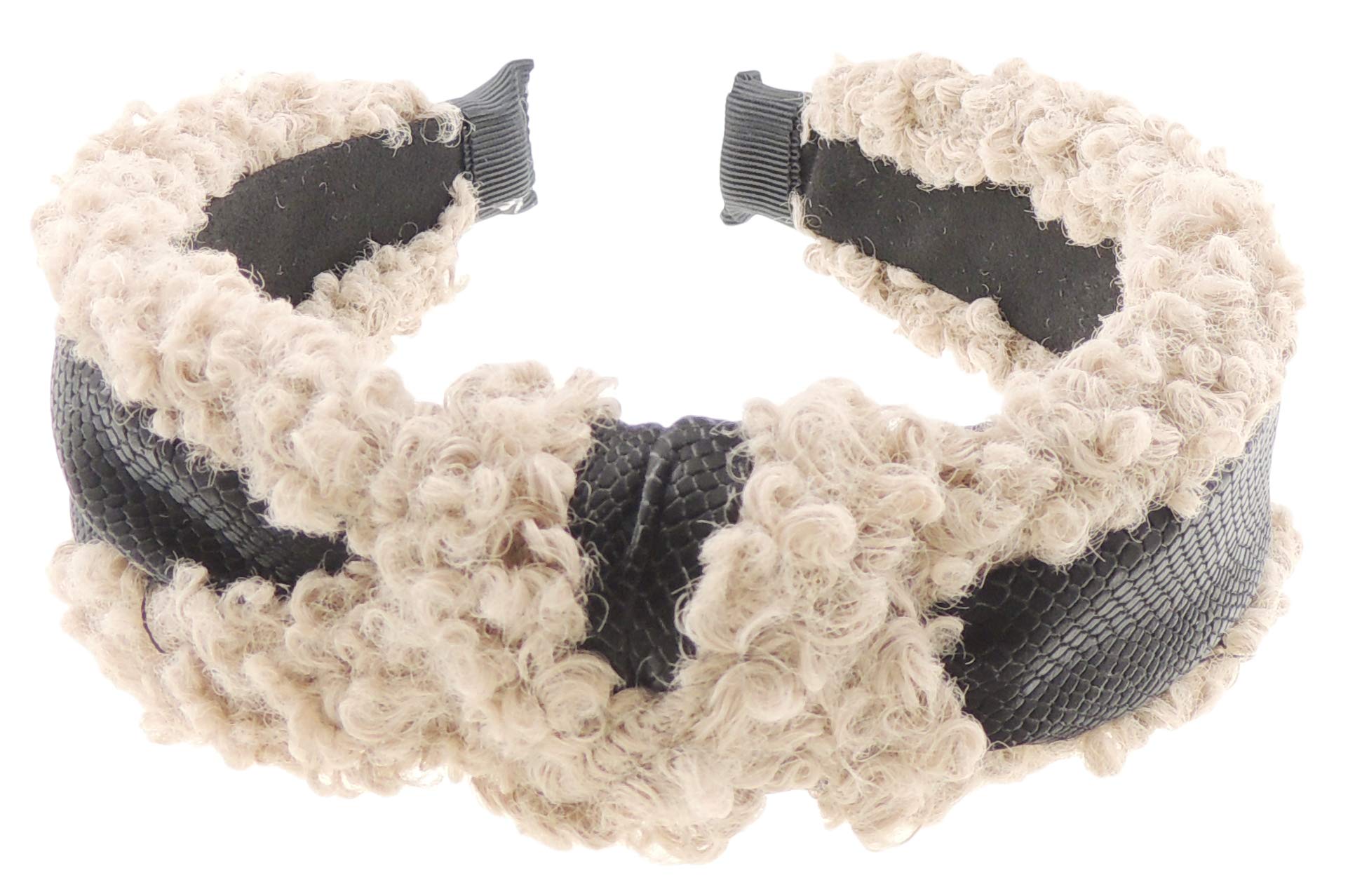 Womens Girls Soft Furry Fluffy Black Central Ribbon Trim Wool Look Top Knot Twist Wide Thick Fashion Formal Evening Boho Vintage Headband Alice Band Hair Hairband Accessory (Beige)