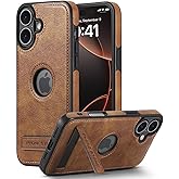 KSELF Leather Case for iPhone 16, Protective Slim with Kickstand, Built-in Invisible Stand, Compatible with iPhone 16 6.1'' (Brown)