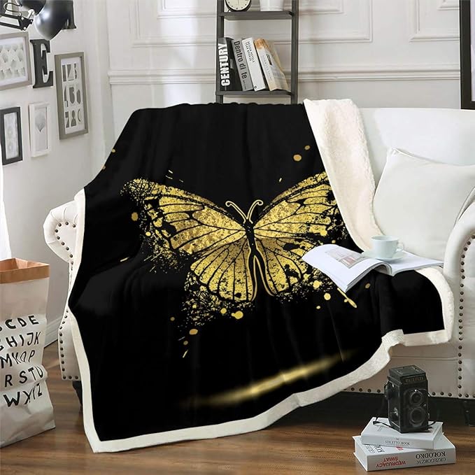 Butterfly Fleece Throw Blanket Golden Butterfly Print