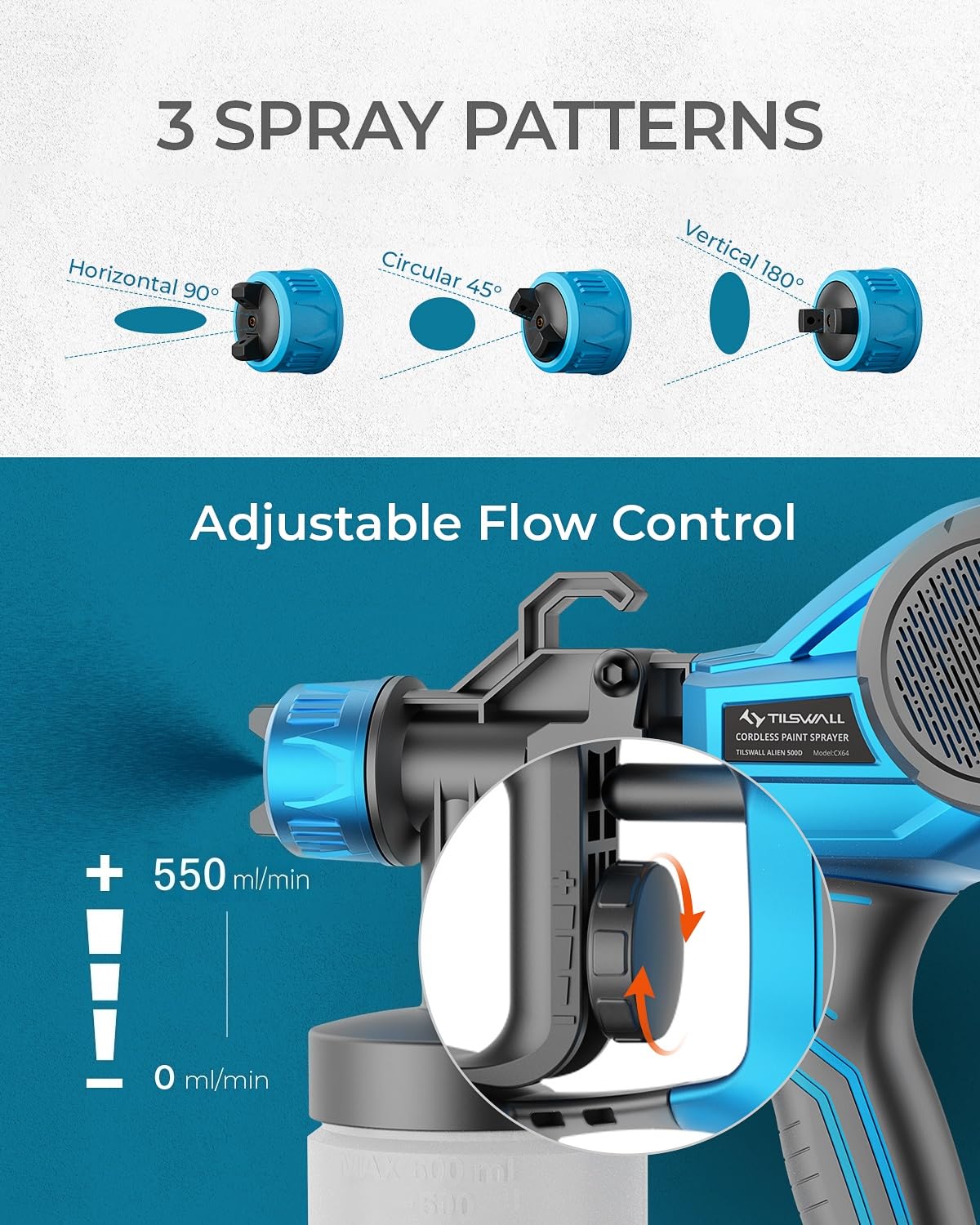 Tilswall Paint Sprayer Compatible with Dewalt 20V Battery, Ultra-Light HVLP Cordless Paint Sprayer with 4 Nozzles & 3 Patterns, Electric Paint Gun for House Painting, Furniture, Cabinets, DIY