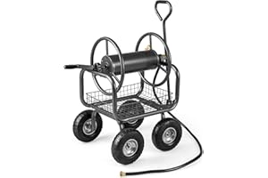 Goplus Garden Hose Reel Cart, 300 FT of 5/8" Large Capacity, Heavy-Duty Metal Hose Cart w/ 4 Wheels, Storage Basket, Portable Water Hose Organizer for Outside Yard, Outdoor Planting Tool (Black)