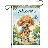 Starlit Patio Welcome Spring Summer Garden Flag Cute Poodle Dog Garden Flag 12x18 Double Sided Decorative Spring Scooter Poodle Flowers Birds Farmhouse Yard Lawn Outdoor Decor