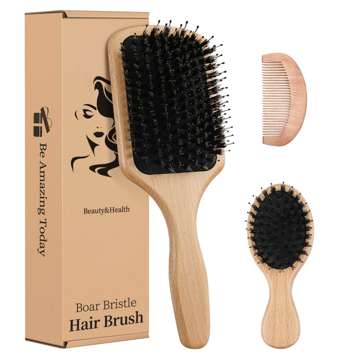 Boar Bristle Hair Brush for Women Kids 4PCs Gift set, Wooden Paddle Hairbrush and Small Travel Styling Brush for Curly Thick Wavy Dry Long Straight Hair, Massage Scalp