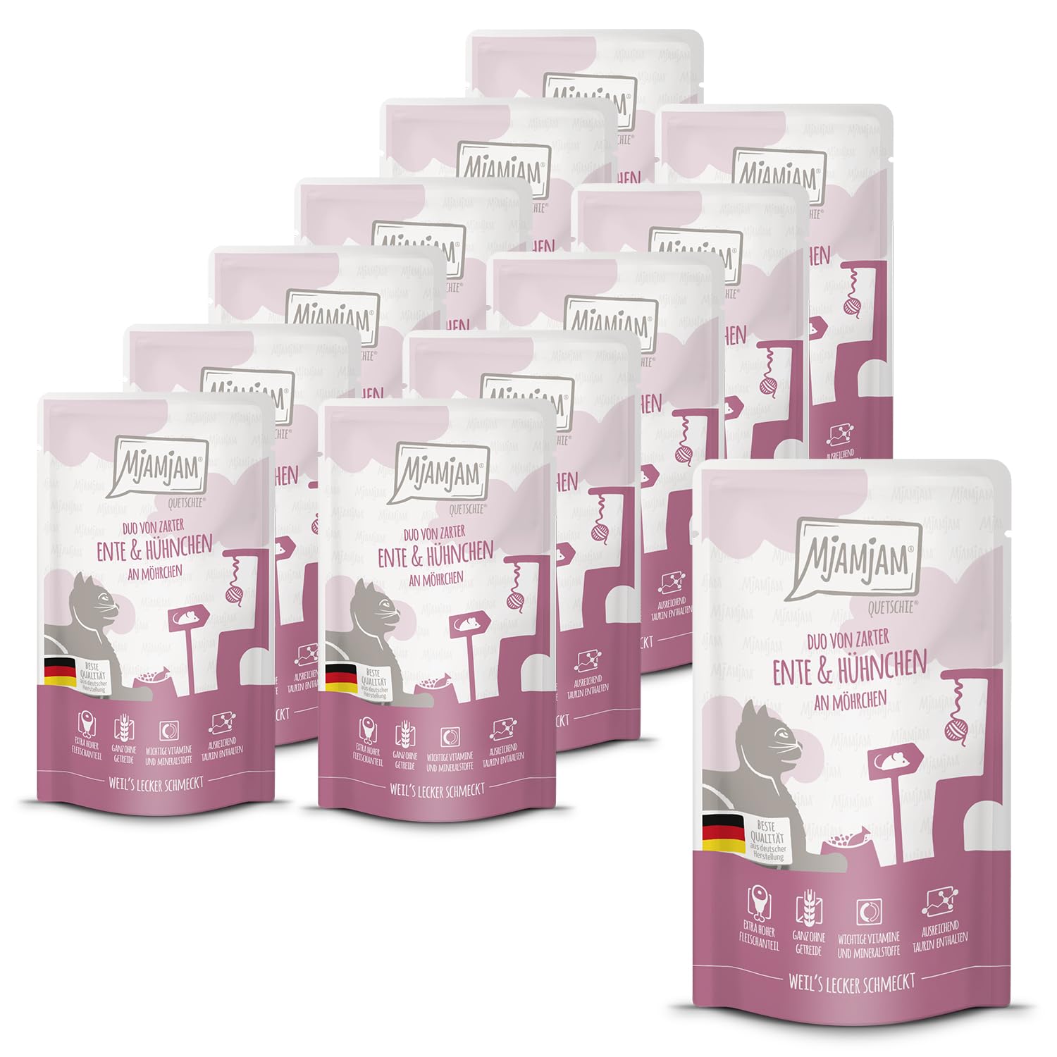 MjAMjAM - Nourriture humide premium pour chats - Quetschie - DUO de canard fondant et poulet juteux aux petites carottes, pack de 12 (12 x 125g), sans céréales avec un supplément de viande