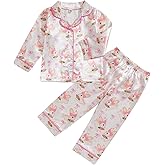 Kavousa Kids Toddler Girl Easter Pajamas Bunny&Floral Button Up Ruffle Shirts Pants Little Girls Easter Satin Silk Pajama Set