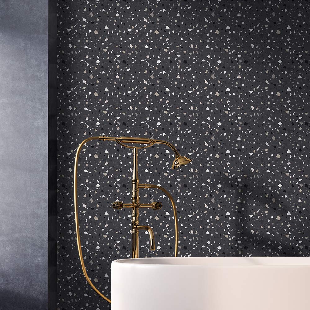 Terrazzo Effect Self Adhesive Furniture Stickers, Table Sticker, Panels Sticker, Living Room Bedroom Peel and Stick Vinyl Wallpaper/Floor Wall Sticker, Black Terrazzo Color
