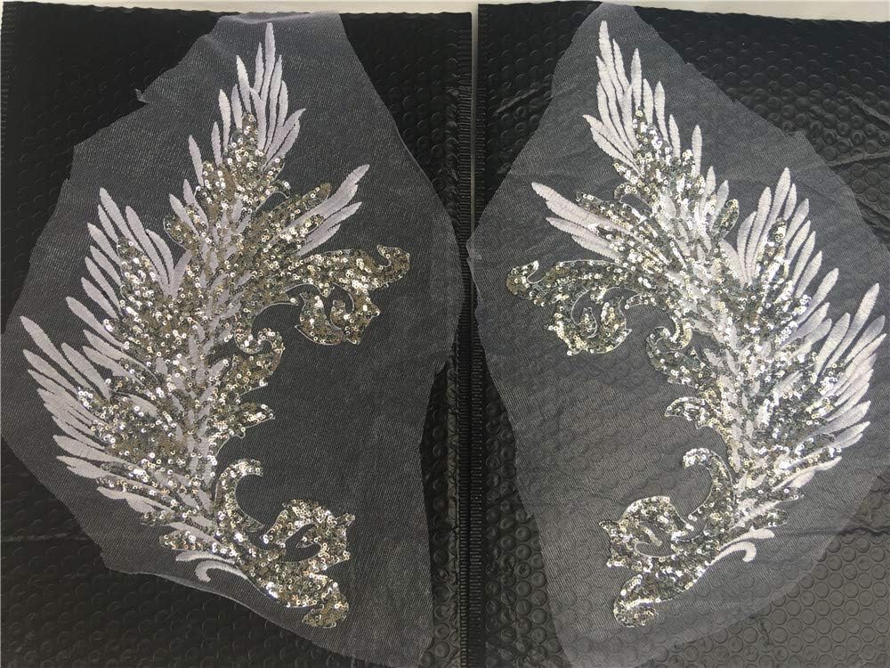 Phoenix Tail Feather Sequined Embroidery Patches DIY Cloth Applique Material for Classic Fashion Dresses 6 Colors One Pair (Silver)