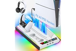 Rysker PS-5/Slim/Pro Stand for Disc & Digital Version, PS-5 Cooling Station with RGB Ambient Lighting, Controller Charger Built-in 3 Level Fan, PS-5 Cooling Stand with 3 USB Ports