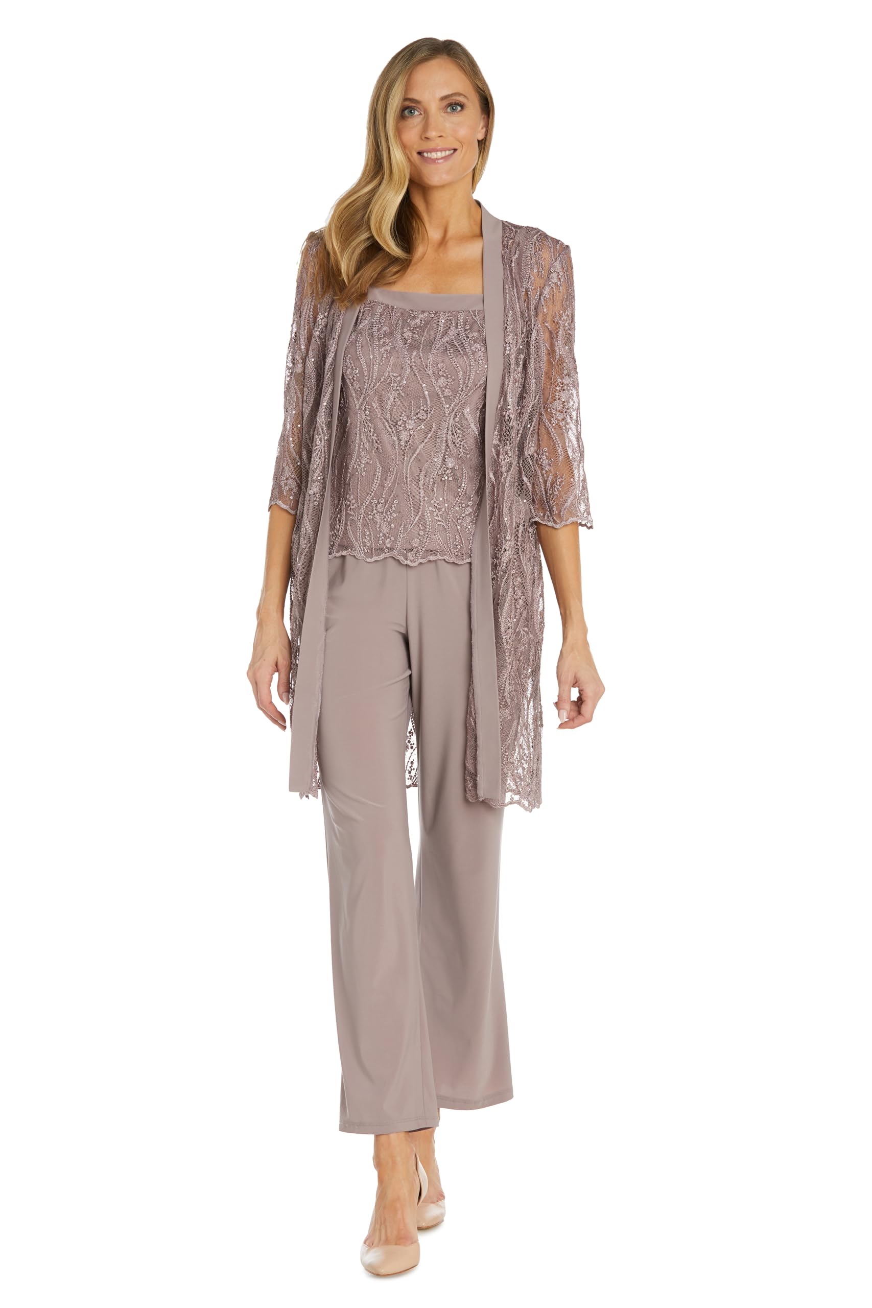 Photo 1 of R&M Richards Women's Elegant 3-Piece Sequin Lace Duster Set | Elegant Wide-Leg Trousers & Evening Shell | Cocktail Attire