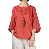 Minibee Women's Linen Blouse Round Neck 3/4 Sleeve Shirt Tops with Chinese Frog Button