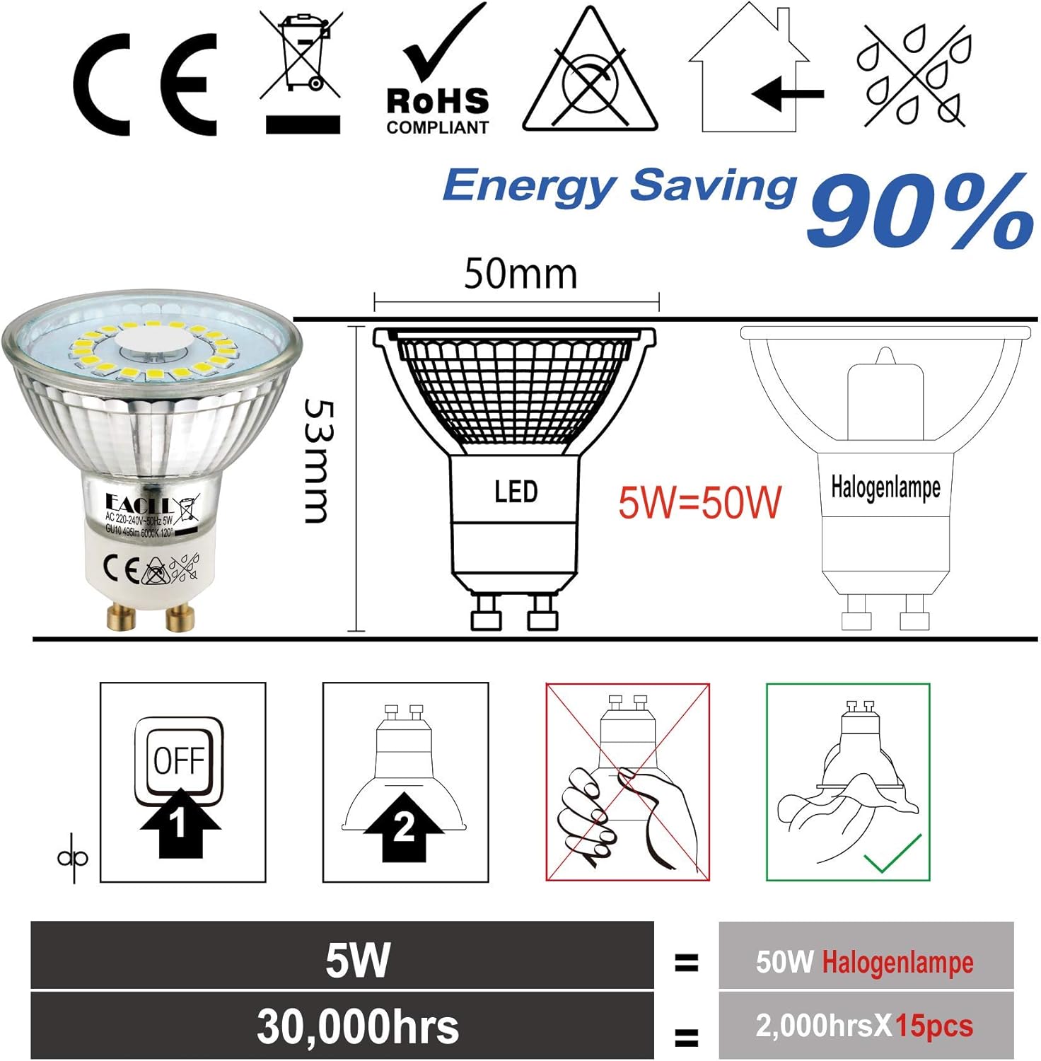 EACLL GU10 LED Bulbs Cool White 4.8W Equivalent 75W Halogen, Pack of 6, 585 Lumen 6400K Reflector Lamp - Image 5