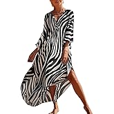IMAGEKOPE Women's Plus Size Animal Print V-Neck Batwing Kaftan Beach Dress Bathing Suit Cover-Up Loungewear
