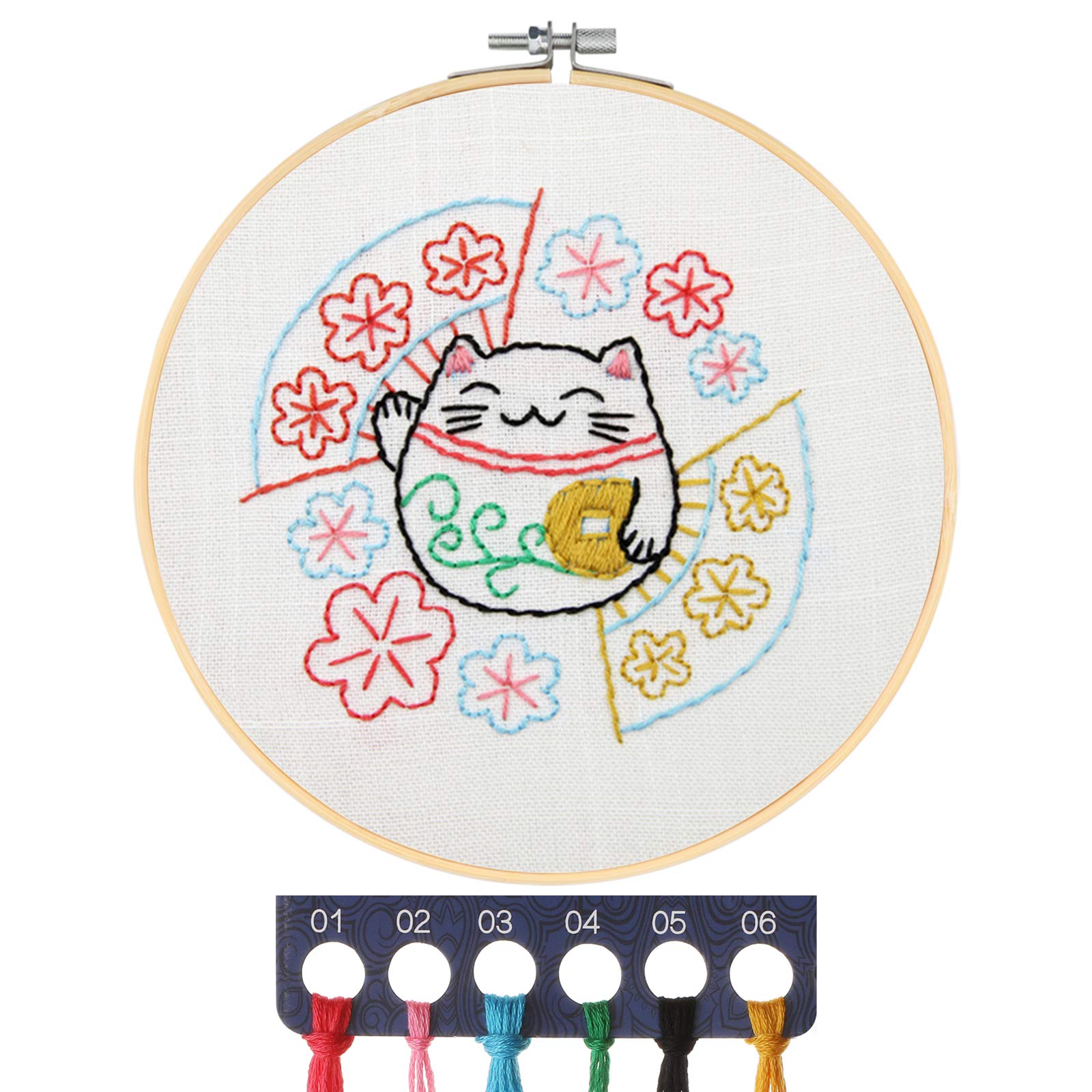 MWOOT Children's Embroidery Starter Kit, DIY Cross Stitch Embroidery Kit with Adjustable Hoop, Embroidery Kit for Kids (Lucky Cat)