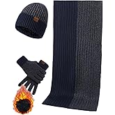 Mens Winter Scarf Hats and Gloves Set Knit Beanie Hat Warmer Scarfs and TouchScreen Glove 3 Pcs for Men