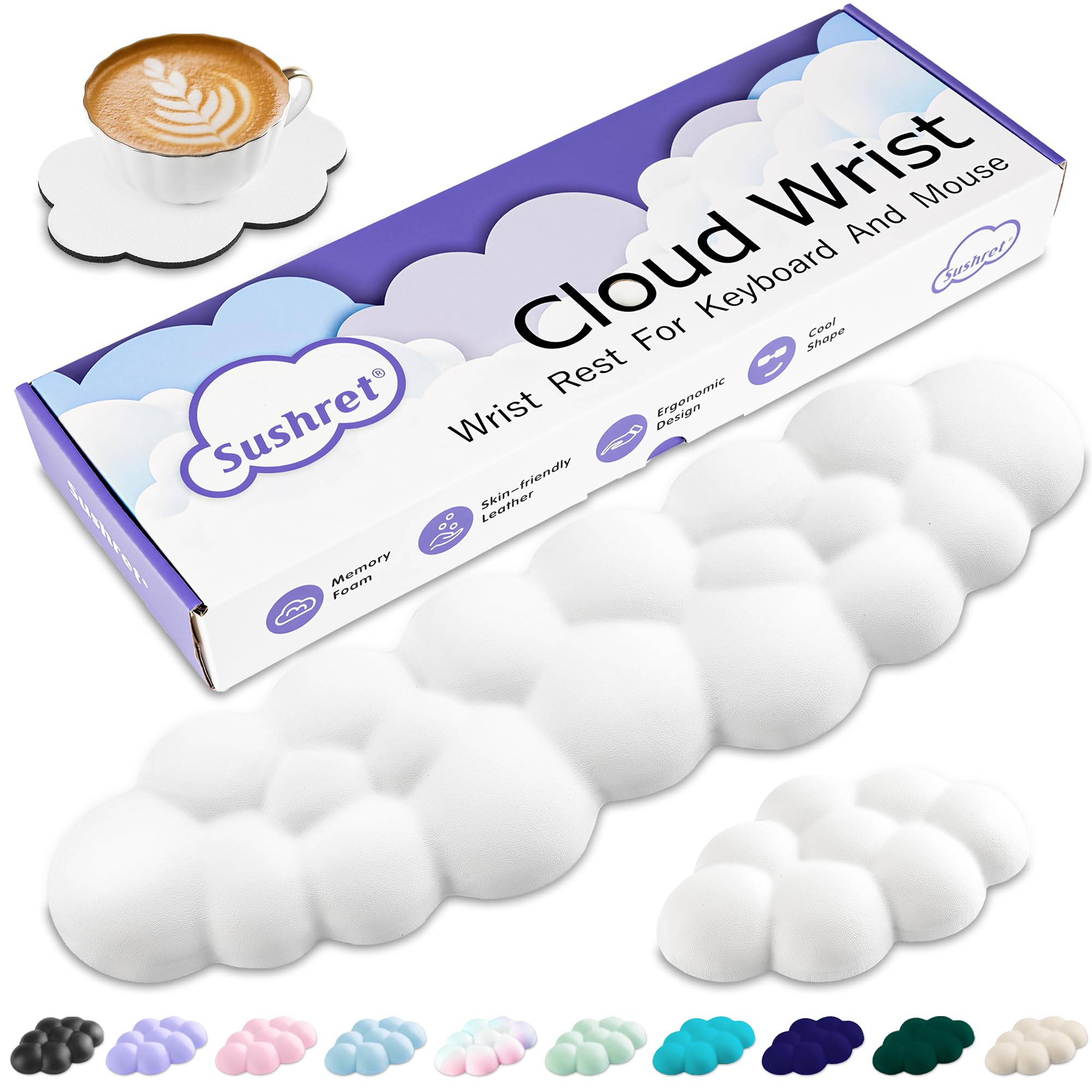 Sushret Cloud Wrist Rest Keyboard, Cloud Palm Rest Set with PU Leather Memory Foam, Cute Keyboard Rest for Wrist Support and Arm Rest, Desk Cloud Wrist Pad for PC/Gaming/Hand Cushion/Computer-White