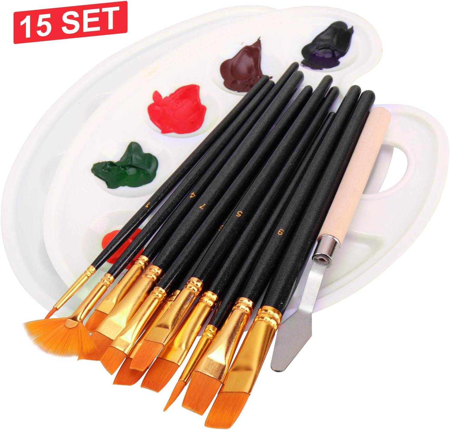 Paint Brushes 15 Pieces Set, Include 2 Palettes 1 Palette Knife, WONSAR