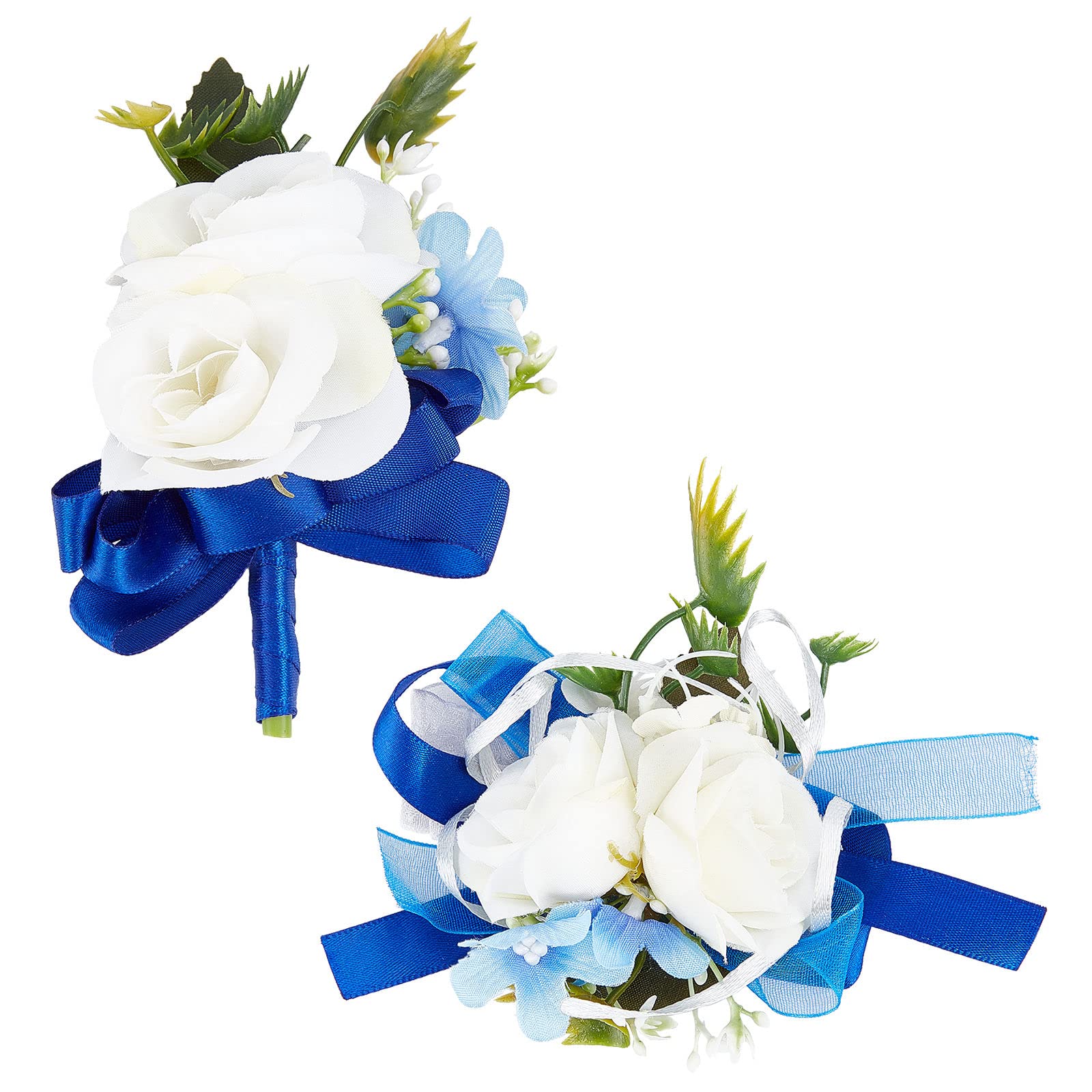 CRASPIRE 2PCS Flower Wrist Corsage Boutonniere Set Wedding Flowers Artificial White Rose Blue Silk Wristband Rose Wrist Accessories Men Women Lady Anniversaries Prom Celebrations
